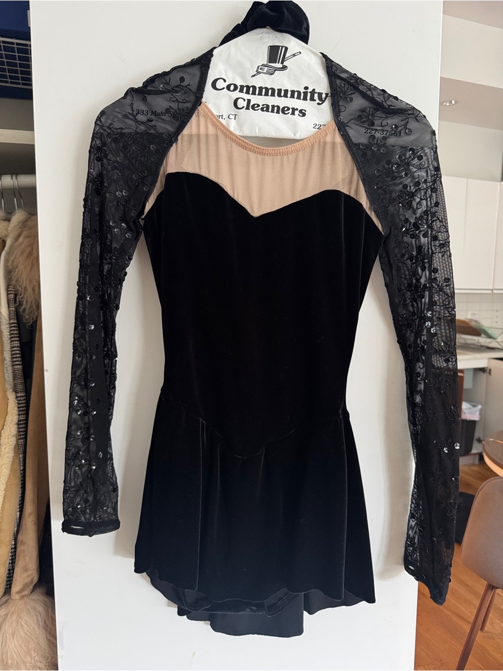 Black Long-Sleeve Velvet Figure Skating Dress with Sheer Embellished Sleeves